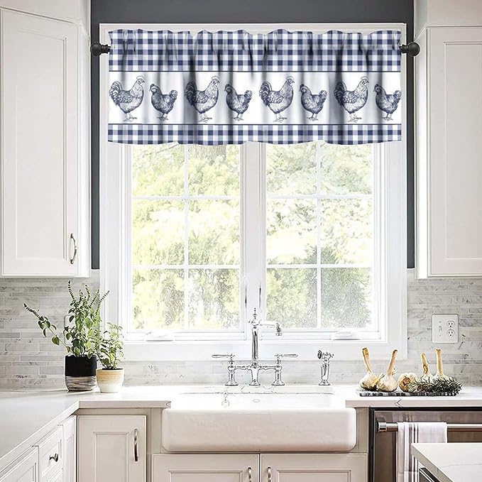 Farm Rooster Valance Curtains Rustic Retro Farmhouse Animals Blue White Buffalo Plaid Rod Pocket Curtain Valance for Kitchen Bedroom Living Room Decor 1 Panel W54xL18 Inch