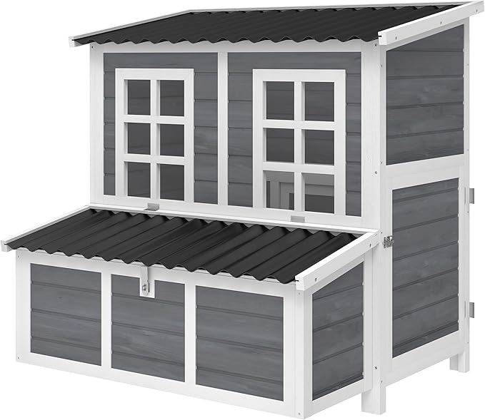 PawHut Wooden Chicken Coop, 39" Chicken House with Nesting Box, Pull-Out Tray, Waterproof Roof, Hen House Outdoor Poultry Cage for 4-6 Chickens, Rabbits, Small Animals, for Backyard, Light Gray