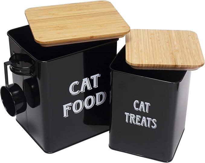 Cat Food Storage Container Farmhouse Pet Food Treats Bin with Lid and Scoop, Perfect Sturdy Canister Tins for Kitchen Countertop, Shelf, Great Gift for Pet Owners - Cat Food - Black