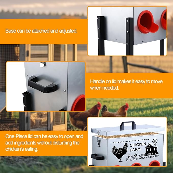 Automatic Chicken Feeder Box 50 lbs, 8 Feeding Ports, No Waste Poultry Feeder with Locking Lid and Adjustable Legs for Chickens, Ducks, Geese Galvanized Metal (50 Lbs-8 Ports)