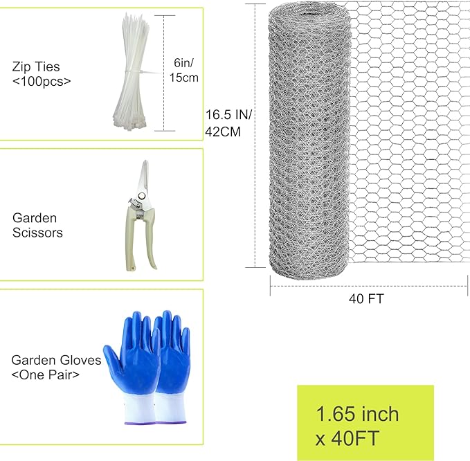 Chicken Wire Fencing, 16.5 Inch x 40 Feet Chicken Wire Mesh Roll for Garden Plants, 0.6 Inch Mesh Hexagonal Galvanized Metal Poultry Wire Netting for Chicken Coop Rabbit Dogs Barrier