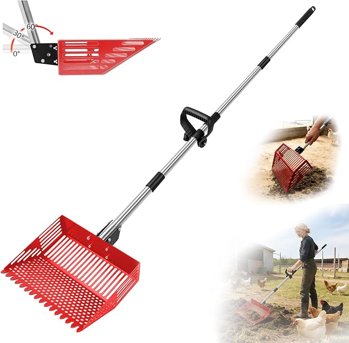 Heavy Duty Chicken Poop Scooper & Rake 2 in 1,Adjustable Angle Handle Chicken Coop Metal Litter Scoop & Sand Sifting Shovel,Pooper Scooper for Dog,Cat,Poultry,Farm Animals,36"-66"