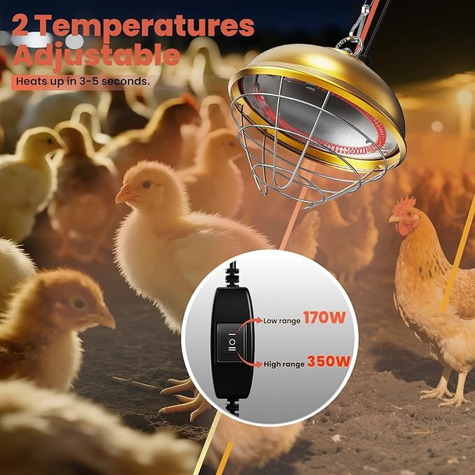 2-Pack Heat Lamp for Chickens, 170W & 350W Adjustable Heating Temperature and Hanging Height, Chicken Coop Brooder Heater, Carbon Fiber Heating Lamp for Chicks, Ducks, Rabbits, Cats, Dogs, Livestocks