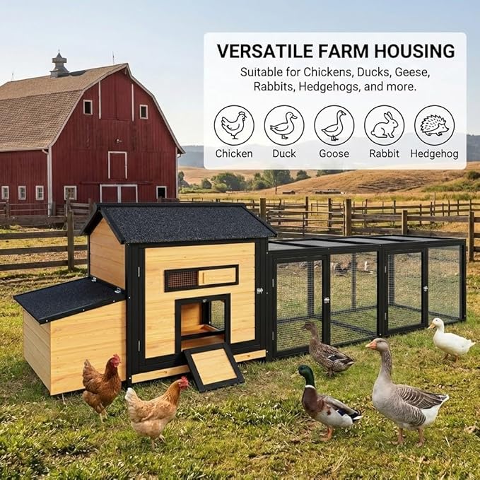 118" Large Wooden Chicken Coop with Run - Outdoor Hen House for 4-6 Chickens, Poultry Habitat Supplies with Chicken Nesting Box, Ventilated Window, Free-Range Door & Slide-Out Tray