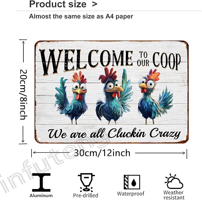 Funny Chicken Decor Sign Welcome to Our Coop Metal Chicken Coop Tin Signs for Farm Chicken Coop Farmhouse Kitchen Vintage Wall Decor 12x8 Inch