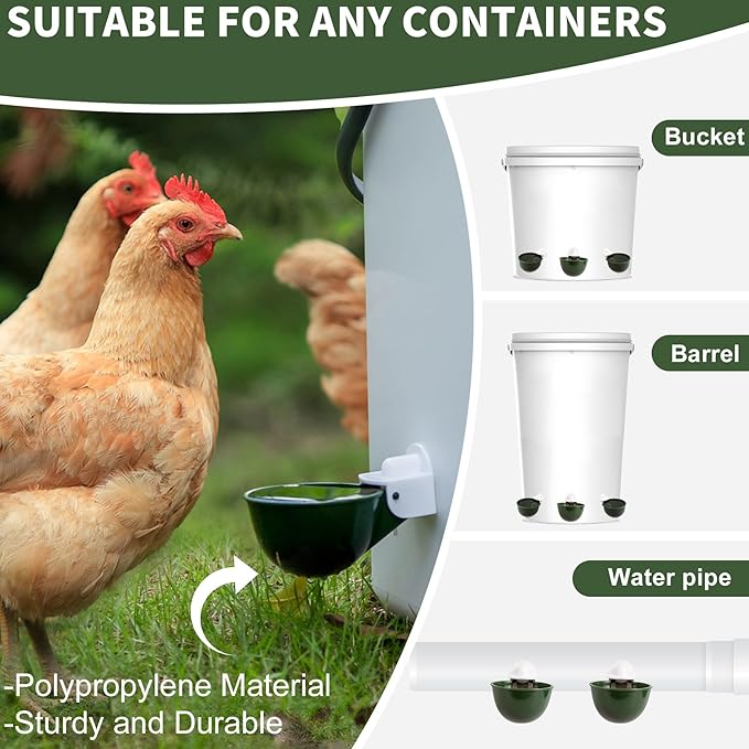 Chicken Water Cups 12 Pack, Automatic Filling Waterer Feeder Bowl, Gravity Poultry Watering System, Chicken Water Dispenser, Chicken Coop Accessories for Hens, Duck, Goose, Turkey (Green)