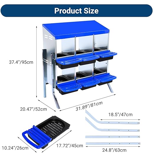 Chicken Nesting Boxes, 6 Hole Metal Chicken Laying Box with with Removable Trays and Roll Out Egg Collection for Chicken Coop, with Metal Bracket, Blue