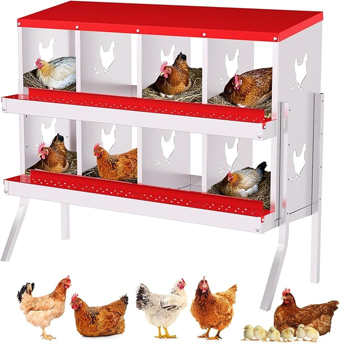 8 Holes Chicken Nesting Boxes, 2 Tiers 8 Compartments Metal Egg Laying Boxes with Legs, Wall Mount or Free Standing, Ventilated for Chickens, Hens, Ducks, Farm, Yard, Poultry Coop Accessories, Red