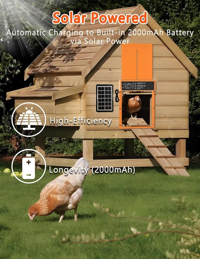 Automatic Chicken Coop Door Solar Powered, LCD Display, Durable Aluminum Alloy Chicken Door with Timer & Light Sensor Setting, Remote Control, Weatherproof, Energy-Saving, Solar Panel or USB Charging