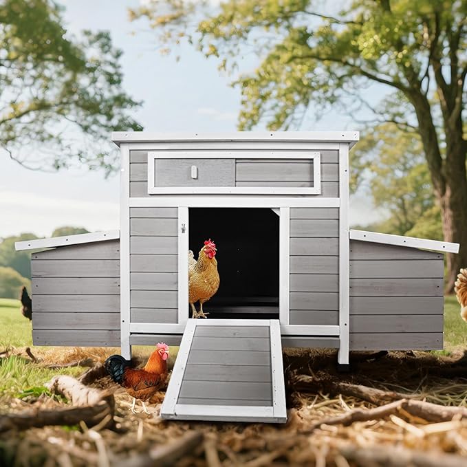 Large Wooden Chicken Coop Outdoor Hen House with Nesting Box，Walk-in Poultry Cage with Secure Locks, Metal Mesh Run for Backyard Farm Use (Gray 57.87")