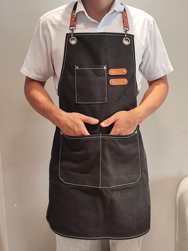 Chef Apron with Large Pockets for Women Men, Cotton Canvas Cross Back Water Repellent Adjustable Work Apron