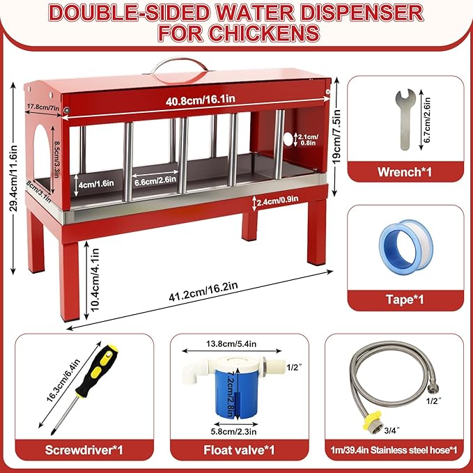 Automatic Chicken Waterer 11 Windows Stainless Steel Detachable with Bracket Large Metal， Chicken Water Feeder Dispenser for Poultry Duck,Goose,Chicken with Float Valve Kit,Hose