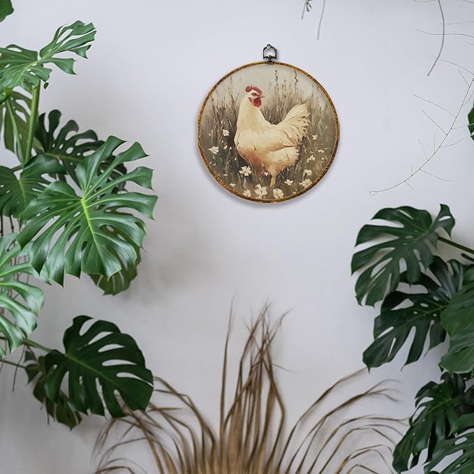 Hiuwevt Vintage Farmhouse Chicken Round Wall Art Decor, Retro Country Farm Animal Framed Canvas Prints, Rustic Cottagecore Chicken Round Wall Hanging Decor for Kitchen Home Decorations, 10x10 Inches