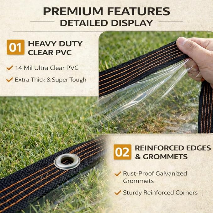 Clear Tarp with Grommets, 14Mil PVC Clear Plastic Tarps Heavy Duty Waterproof, for Vinyl Patio Enclosure, Patio Plastic Porch Enclosures for Winter and Chicken Coop Cover(6 * 8ft)