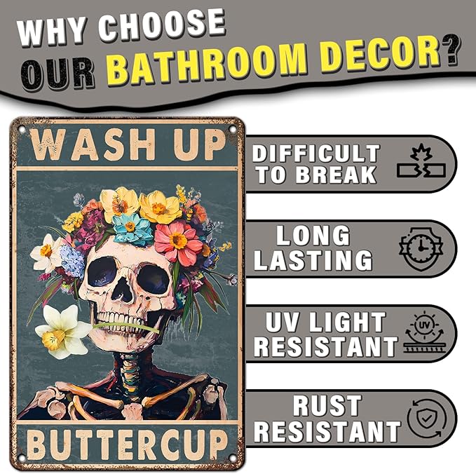 Skeleton Metal Sign Wash Up Buttercup Funny Skull Vintage Tin Sign for Wall Art Decor Home Bathroom Toilet Decoration 8x12inch
