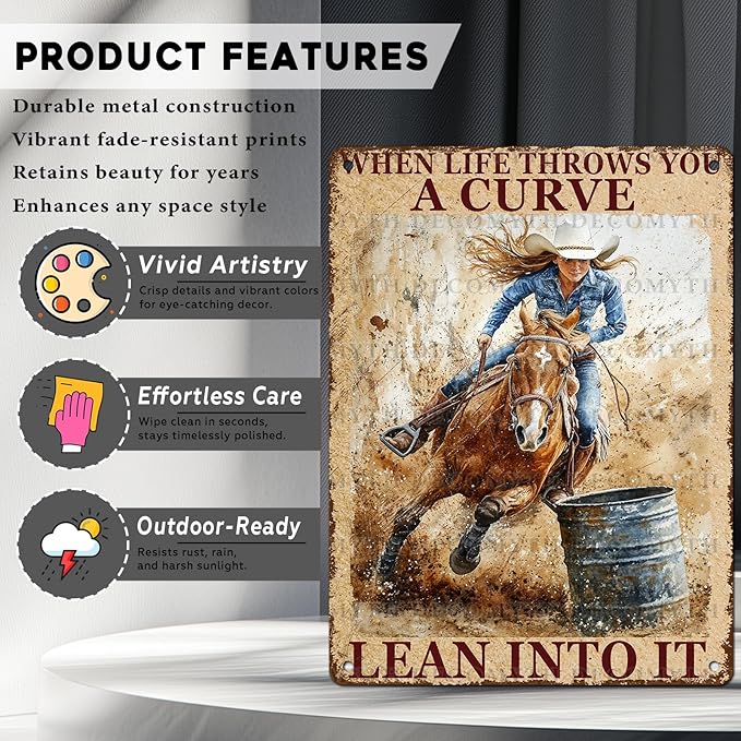 Metal Tin Sign Vintage Retro Horse Riding Cowgirl Wall Decor When Life Throws You A Curve Lean Into It Funny Tin Sign Poster Art Metal Wall Plaque Decor 12 * 16inch