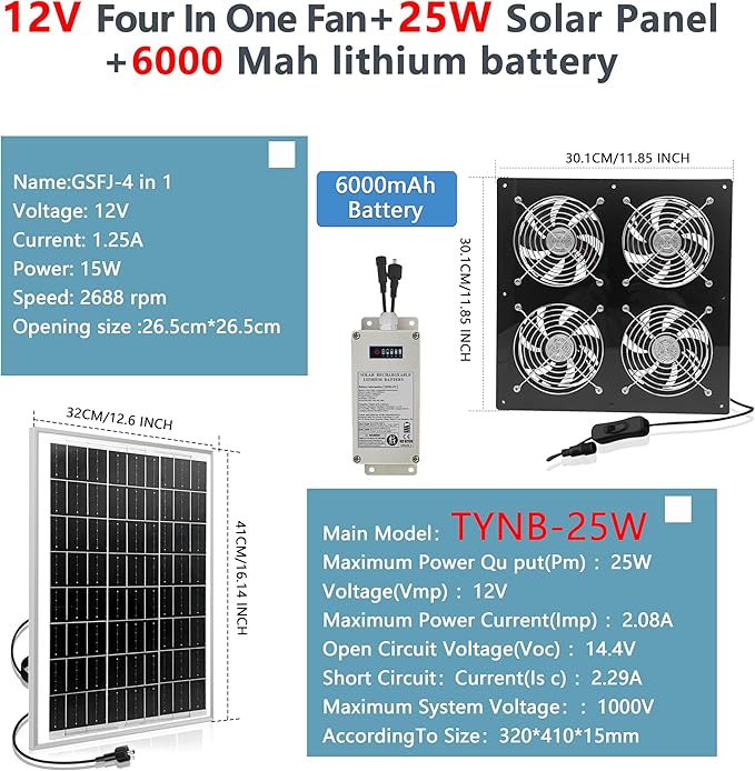Solar Exhaust Fan for Greenhouse, Solar Chicken Coop Fan with 25W Solar Panel & 4 Pcs High-Speed Brushless DC Ventilation Fans for Shed,Attics,Barns,Dog Houses with 6000mAh Battery