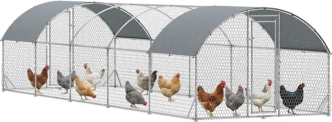 PawHut Large Chicken Coop Metal Chicken Run w/Waterproof and Anti-UV Cover, 2 Lockable Doors, Dome Shaped Walk in Hen House for 30-40 Hens, Ducks, Poultry, Outdoor Yard Farm Use, 9.2' x 31.2' x 6.5'