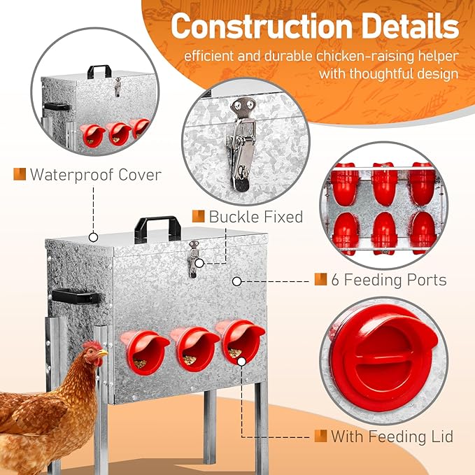 Outvita 40 lb Metal Chicken Feeder with 6 No-Waste Ports, Heavy-Duty Outdoor Chicken Feeder Box with Locking Lid & Handle for Chickens Duck Bantams Pheasants Poultry Backyard Chicken Coop