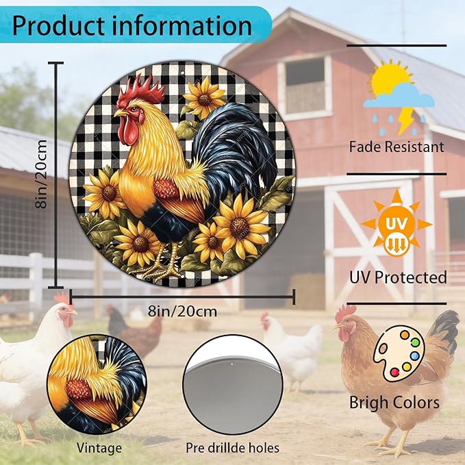 Round Chicken Sign Metal Tin Sign Rustic Plaque Rooster Chicken Farm Wall Art Suitable for Home Garden Kitchen Bar Cafe Restaurant Garage Wall Decor Retro Vintage 8 Inch