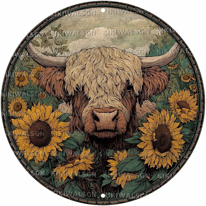 Vintage Highland Cattle Round Metal Sign Retro Sunflower Tin Sign Nostalgic Rustic Wall Decor Bedroom Living Room Cafe Yard Office Fence Door Outside Farmhouse Farm 8 * 8 In