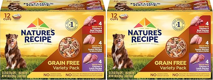 Nature's Recipe Grain Free Wet Dog Food Variety Pack, Chicken Recipes with Beef, Turkey & Lamb in Savory Broth, 2.75 oz. Cups (Pack of 24), 2 Count