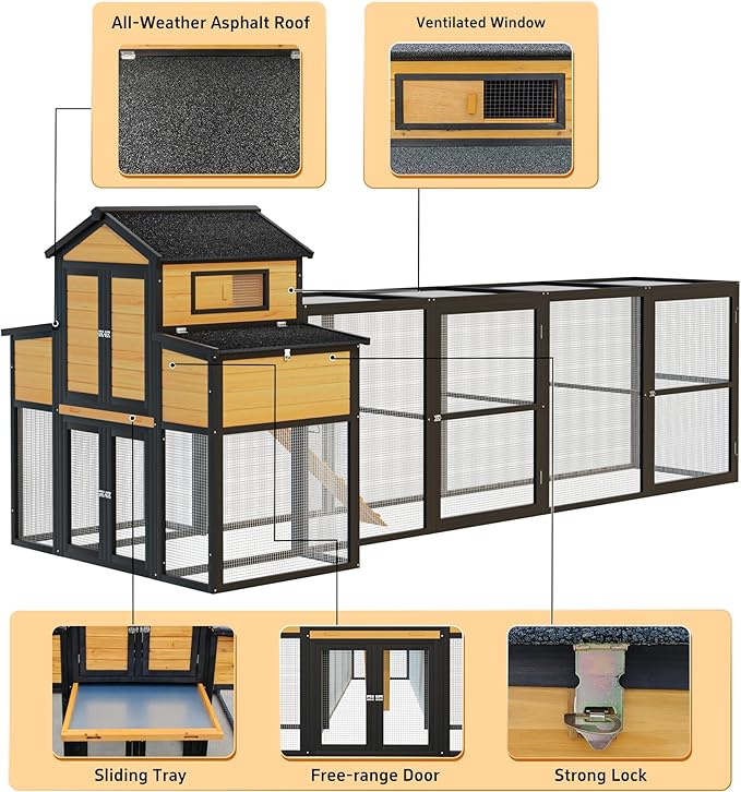 Large Wooden Chicken Coop Outdoor Hen House with Nesting Box，Walk-in Poultry Cage with Secure Locks, Metal Mesh Run for Backyard Farm Use (Black 150")