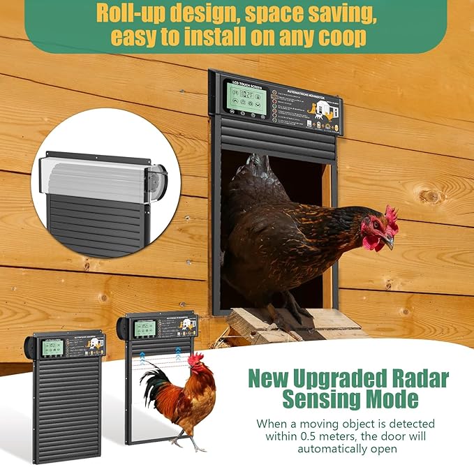 Automatic Chicken Coop Door Opener, Space-Saving Roll-up Design, 11.8" x 18.9" Aluminum Alloy Poultry Door for Ducks Geese, Solar Panel with Built-in 6000mAh Battery, Support USB-A Power