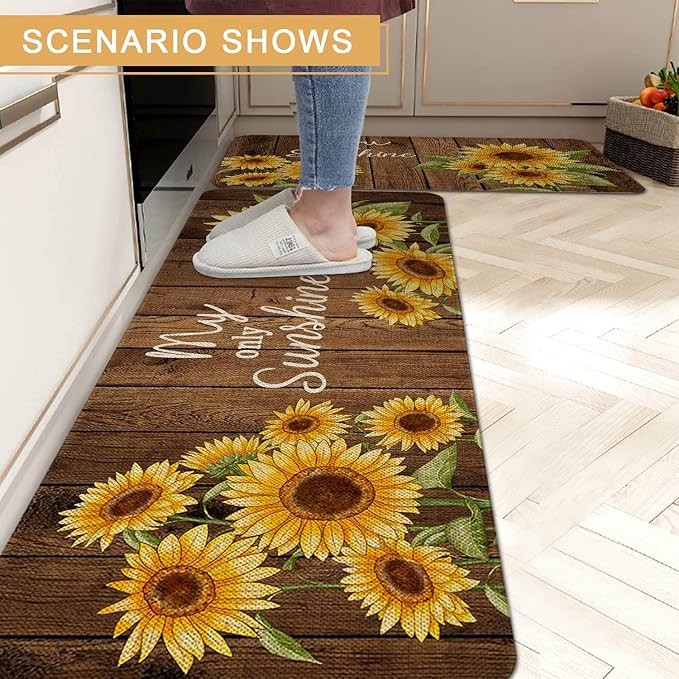 Roszwtit Farmhouse Kitchen Rugs and Mats Set of 2, Sunflower Kitchen Mat, Seasonal Spring Summer Cooking Sets Low-Profile Non-Slip Floor Mats for Home Kitchen Decor - 17x29 and 17x47 Inch