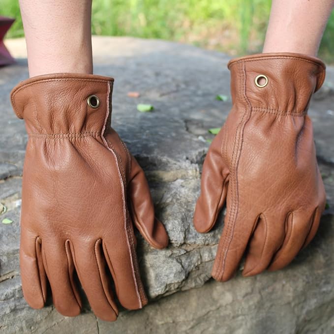 Retro Brown Cowhide Leather Work Gloves for Construction, Yardwork, Gardening with Reinforced Palm for Men & Women