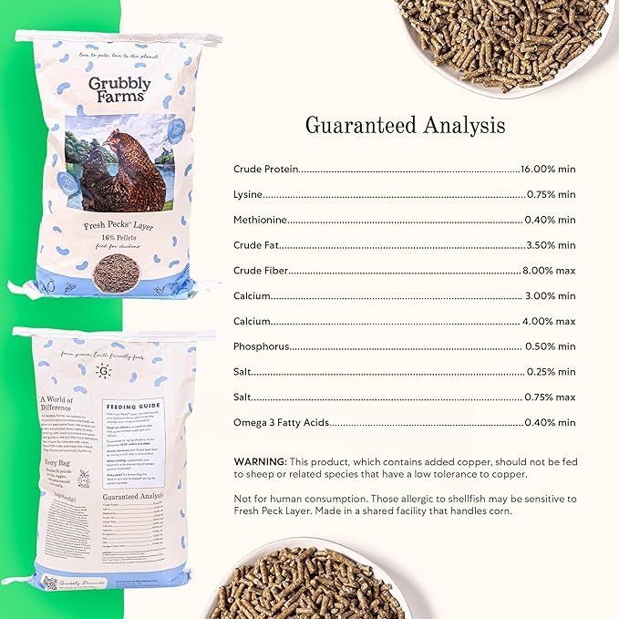 Grubbly Farms Fresh Pecks Layer Chicken Feed Pellets - 16% Layer Feed for 20+ Week Old Hens, Batams, and Larger Breeds - Contains Black Soldier Fly Grubs - No Soy, Corn, or Fish - 30 lb Bag