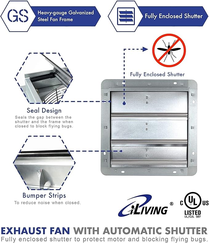 iLiving 12-Inch Wall Mounted Exhaust Fan with Variable Speed, 960 CFM, 1400 SQF Coverage Area, Silver