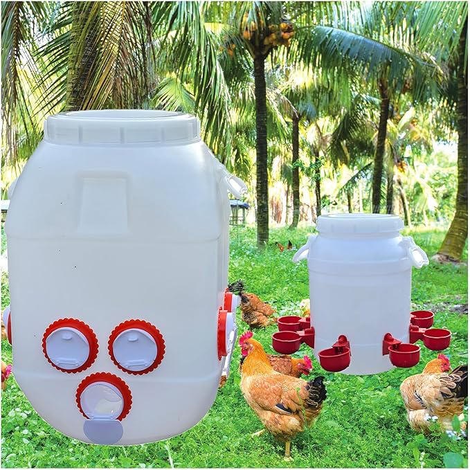 Rainproof Chicken Feeder and Chicken Waterer Set (13 Gallon/60 Pounds) Automatic Chicken Feeder Poultry Feeder Bucket with 10 Ports Chicken Waterer (2.6 Gallon/10L) with 8 Water Cups