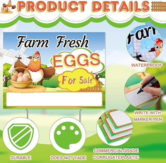 Hicarer 3 Pcs Farm Fresh Eggs for Sale Sign 12 x 16 Inch Large Fresh Chicken Eggs for Sale Yard with 6 Stakes Weatherproof Corrugated Plastic Farm Sign Outdoor Home Decor