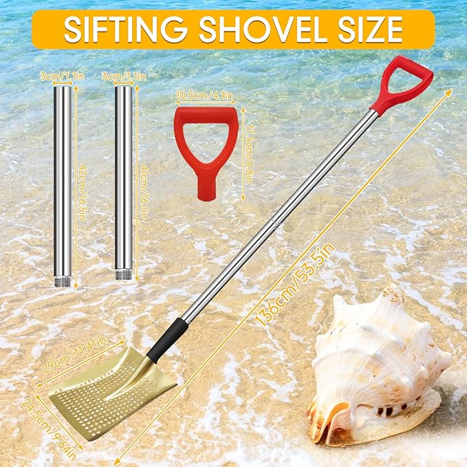Sifting Shovel, Heavy Duty Metal Sand Sifter for The Beach, 53.5" Long Sand Sifter Shovel for Beach Fun, Chicken Coop, Farm Goat Stall Sand Poop Cleaning, with Ergonomic D-Grip Handle (Gold)