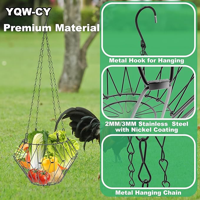 Hanging Chicken Feeder with Shepherd's Hook, Foldable Chicken Vegetable Fruits Feeder, Poultry Feeding Holder Basket with Hanging Chain for Chicken Coop Accessory