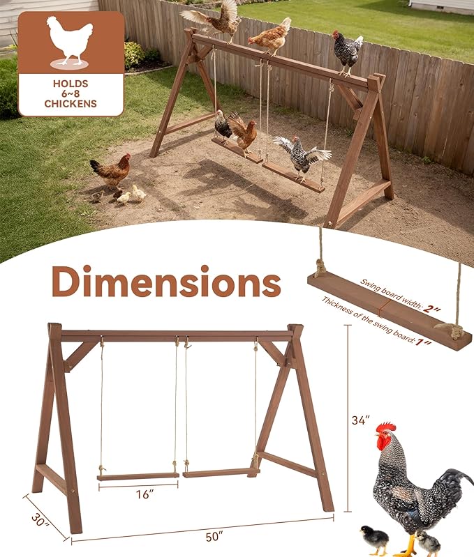 Chicken Roosting Bars, 50inch Long Chicken Perch with 2 Swings, Stable & Ideal for Pet's Healthy and Play, Fit for 6-8 Chickens