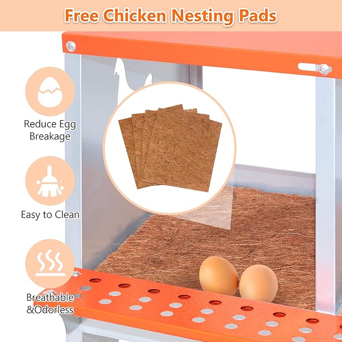 Chicken Nesting Boxes, 4 Rooms Hens Nest Box, Metal Poultry Nest Box Wall Mount for Chickens Egg Laying Box Collection Vented Holes Chicken Coop Cages Equipment, Orange (4 Rooms)