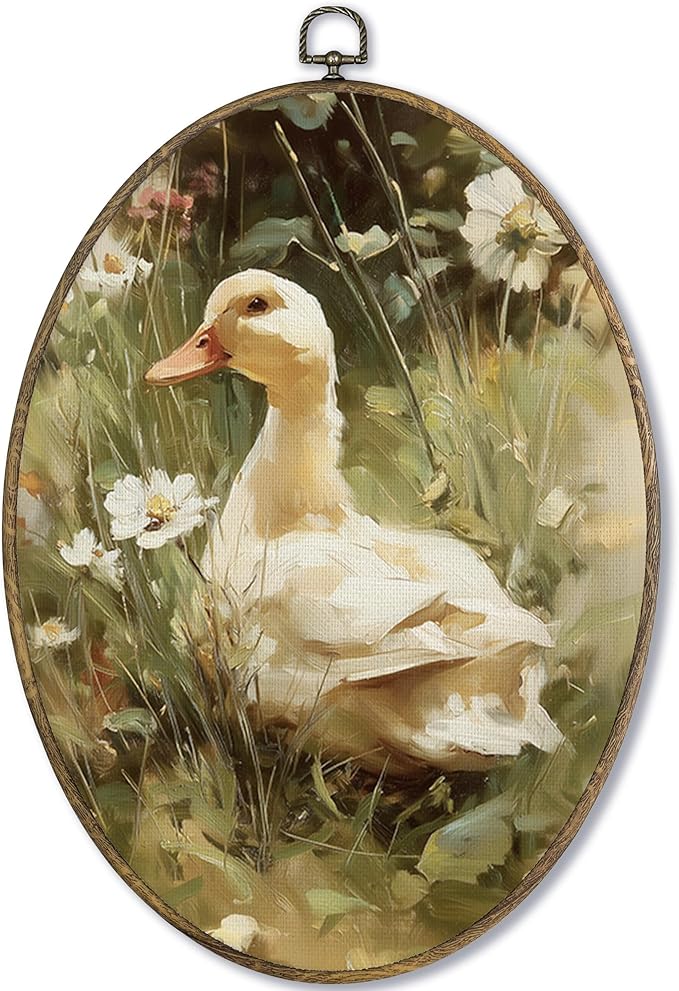 Fewgb Cottage Core Duck Goose Oval Wall Art Decor Framed Gifts, Cottagecore Farmhouse Canvas Wall Art Prints Picture, Vintage Rustic Hanging Room Decor Artwork for Bedroom Nursery Kids Room 9x12