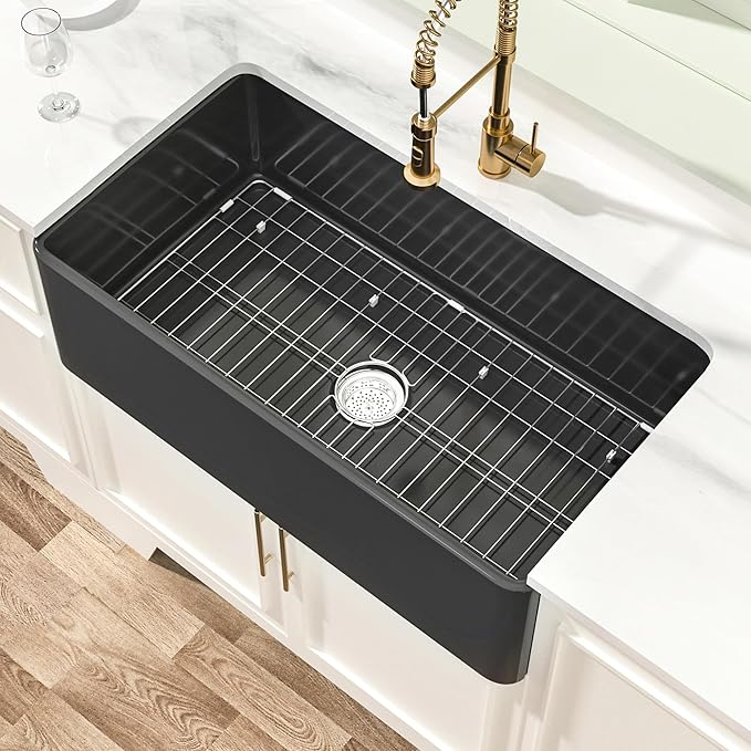Miuara Black Farmhouse Sink 33 Inch - Large Apron Front Kitchen Sink Single Bowl 33"x18"x10", Undermount Installation, Farm House Style, Heavy Duty Solid Fireclay, Matte Black, for Kitchen