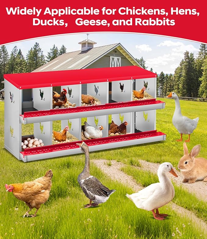 Chicken Nesting Box,10 Compartments Nesting Box for Chickens, Two-Tier Galvanized Metal Wall Mount Chicken Egg Laying Box with Large Vented Holes for Easy Egg Collection ﻿