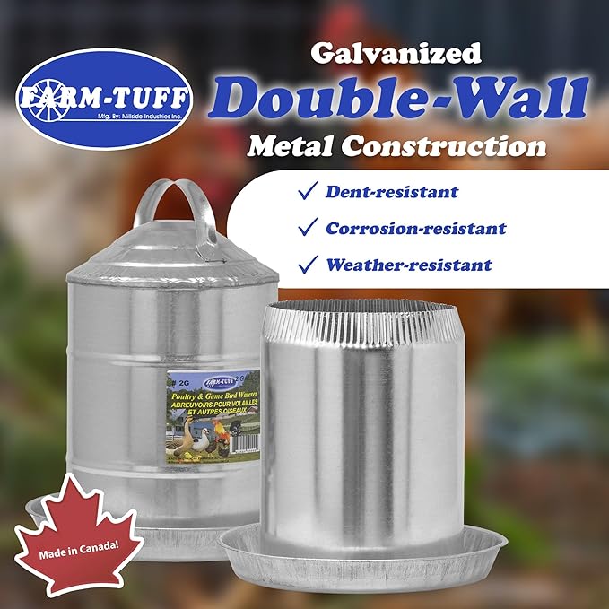 FARM-TUFF Galvanized Poultry Waterer, 2 Gallon Capacity - Double-Wall Poultry Fountain with Cone Top - Automatic Gravity-Fed Water Dispenser for Chickens, Ducks & Game Birds