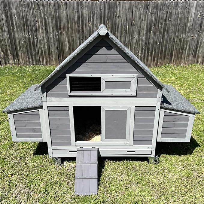 GUTINNEEN Chicken Coop with Wheels Outdoor Mobile Hen House Portable Wooden Poultry Cage with Nesting Box,Waterproof Asphalt Roof