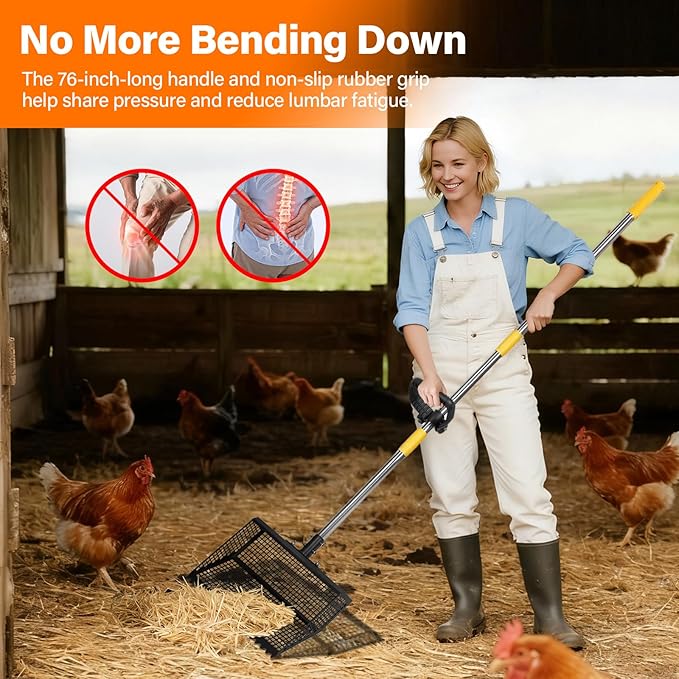 AsFrost 2-in-1 Chicken Poop Scooper & Rake,12" Heavy Duty Litter Scooper Sand Sifting Shovel for Chicken Coop & Pet Waste Cleaning, Adjustable 26" to 76" Stainless Steel Handle for Small Farm & Sand