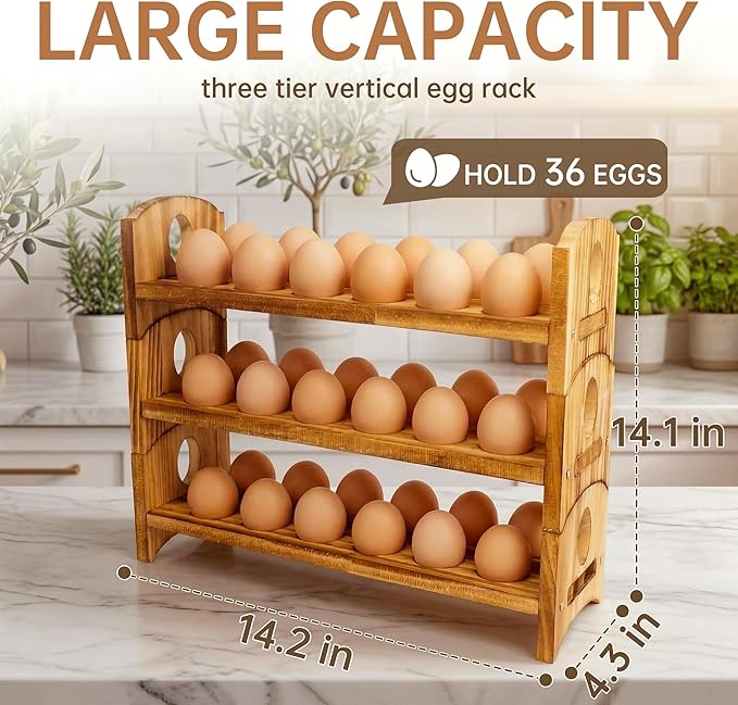 Wooden Egg Holder, 3 Tier 36 Egg Capacity, Farmhouse Egg Holder for Countertop, Stackable Egg Storage Rack for Fresh Eggs, Rustic Wooden Egg Organizer with Handles for Kitchen Counter