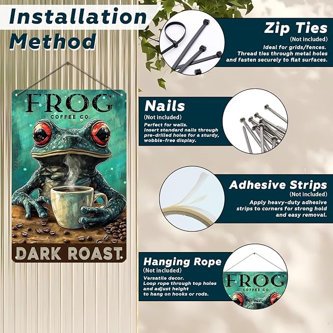 Coffee Themed Metal Tin Sign Frog Retro Wall Art Vintage Kitchen Decor Rustic Bar Cafe Tin Plaque Iron Painting 12x8 Inch
