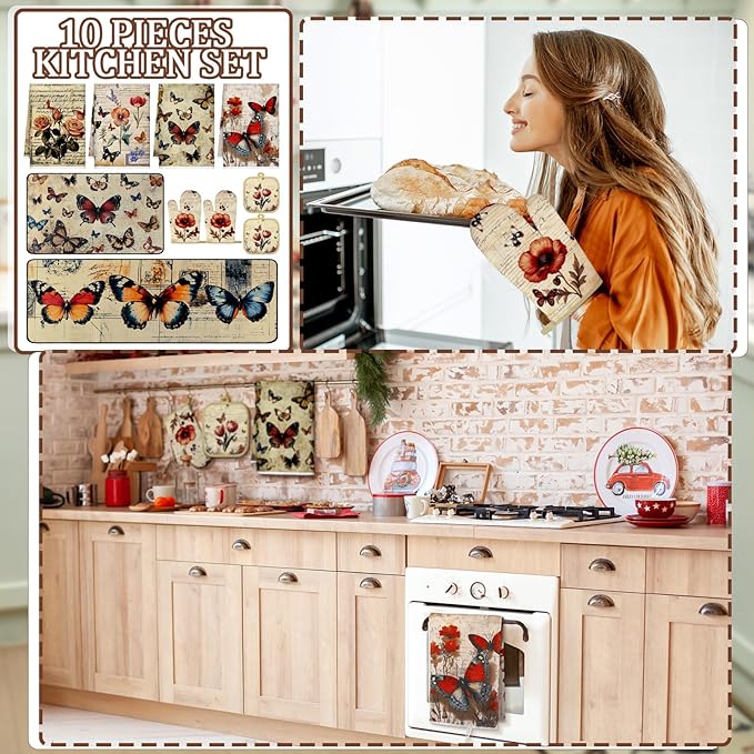 10 Pcs Butterfly Kitchen Dish Towels Rugs Oven Mitts and Pot Holders Set Farmhouse Kitchen Decor Set for Women Mom Daughter Gift Cooking Baking Grilling(Classic Colors)