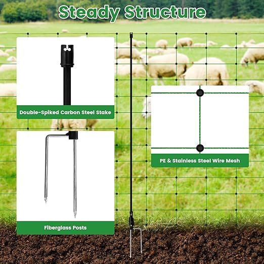 Electric Fence Netting, Portable Livestock Fencing for Sheep, Cattle, Net Fencing Kit with 14 Posts Double Spiked, Movable Poultry Netting for Backyards, Homesteaders, Farms Ranches (164 * 42.5)