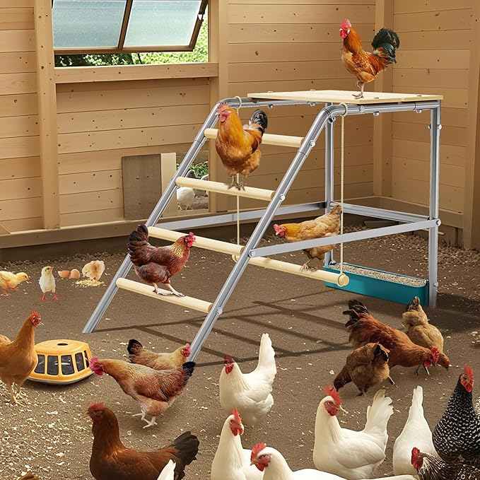 Upgraded Chicken Roost for Coop - 55" Large Galvanized Steel Perch with Wooden Rungs, Multi-Tiered Roosting Bar & Ladder for Hens, Outdoor Poultry Habitat Enrichment Supplies