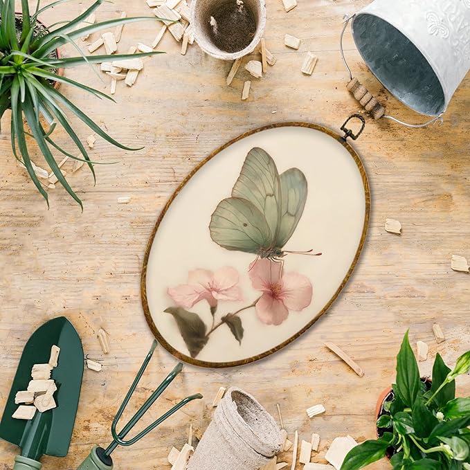 Hiuwevt Green Butterfly Oval Wall Art Decor, Vintage Pink Floral Butterfly Moth Framed Canvas Prints, Retro Cottagrcore Floral Round Wall Hanging Decor for Bedroom Home Decorations, 8.6x11.4 Inches